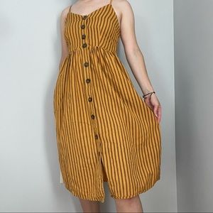 Orange Striped Button Up Midi Cotton Dress